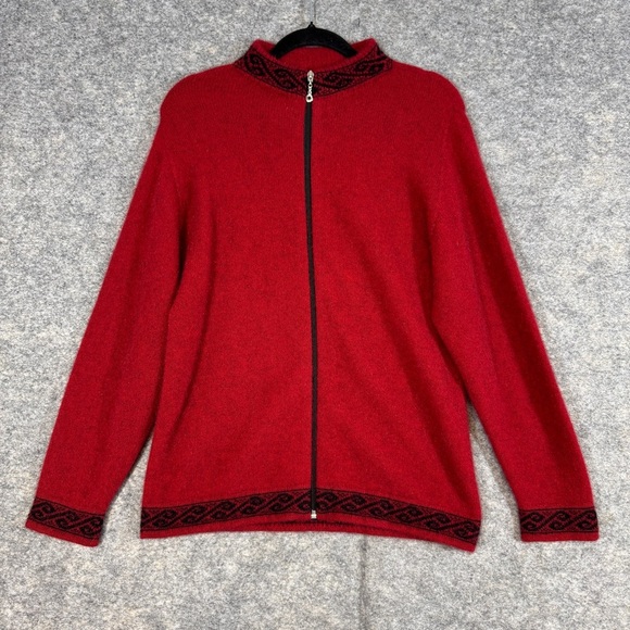 Lothlorian Red Wool Possum Blend Zip-Up Cardigan Sweater with Black Trim Women S - Picture 2 of 16
